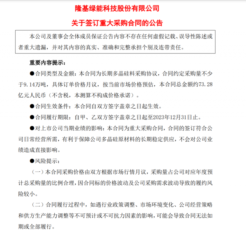 9.14萬噸！隆基協(xié)鑫簽訂多晶硅料三年長單，總金額73.28億元
