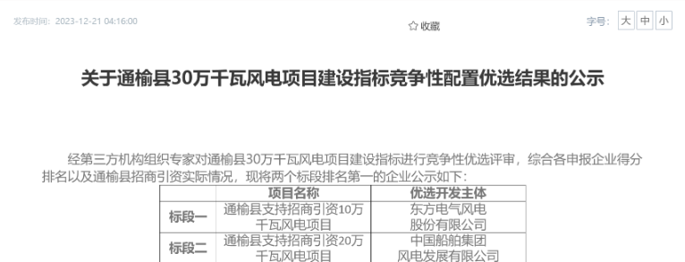 中船風電、東方風電獲風電項目競配指標